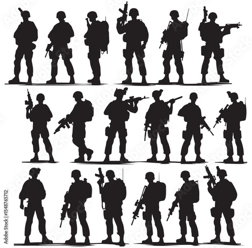 Shadows of Valor: A powerful silhouette formation of soldiers ready for action, standing united and prepared. Reflecting the strength and determination of the military.