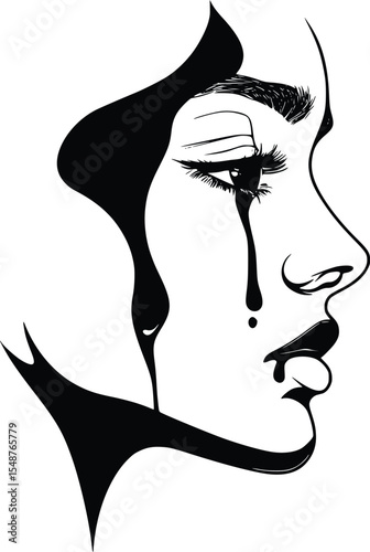 Silhouette of a woman crying, profile view, editable vector illustration, black ink style, graphic art, emotional expression, female portrait, modern
