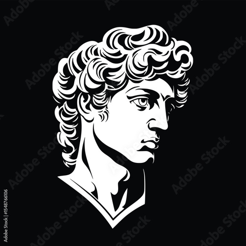 Profile silhouette of a classical male bust, editable vector art, black and white, elegant design, monochrome artwork, sculpted head, artistic