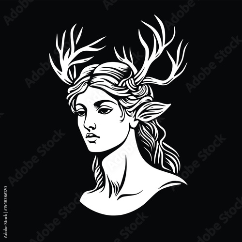 Elegant woman silhouette with antlers, editable vector art, mystical style