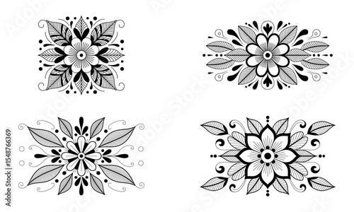 Decorative floral mandala motifs with symmetrical vector flower designs in black and gray style
