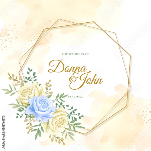 Wedding Invitation With Hand Painting Of Blue And Yellow Flowers Arrangement On Polygonal Frame