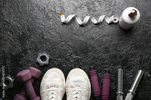 Dumbbells, shoes, measuring...