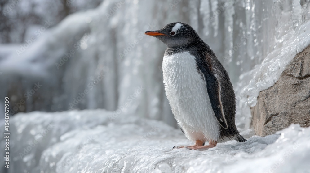 Fototapeta premium Penguin standing at edge of viewing glass with icy wall in the background