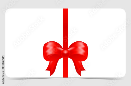 Gift card with realistic red bow and vertical ribbon. Vector illustration isolated