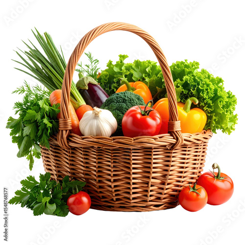 A basket filled with a variety of fresh vegetables including peppers, tomatoes, garlic, and broccoli. cut out. transparent background
