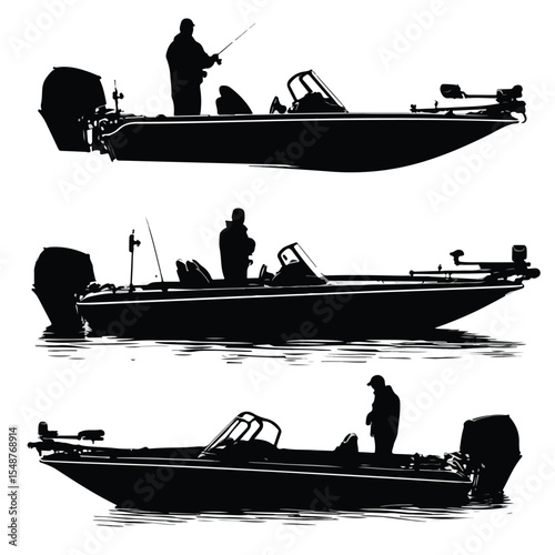 bass boat silhouette set, Black & White silhouette set 