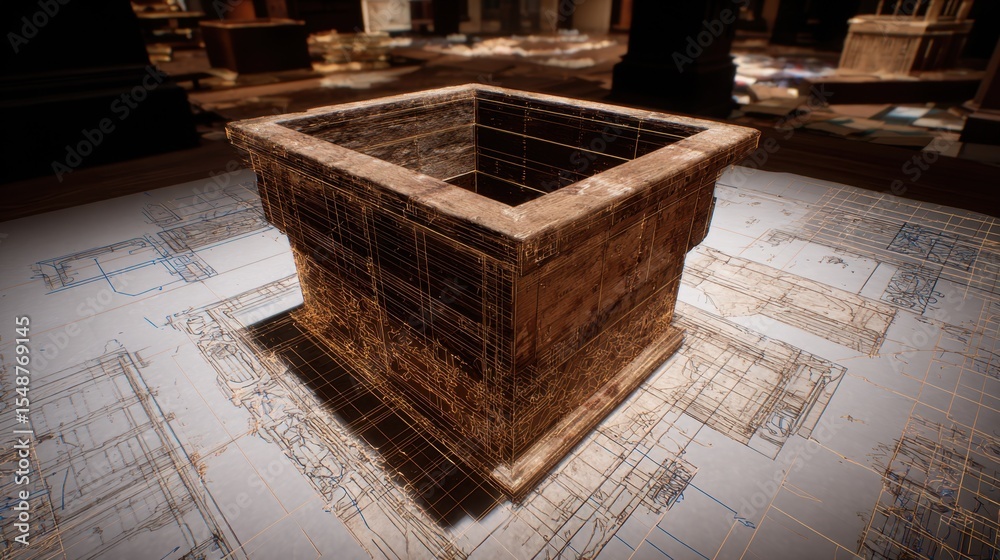 Fototapeta premium View of box on a desk from slightly above, surrounded by faint background elements