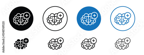 Set of colored pixel perfect Brain health icon, 1 silhouette, 1 unexpanded, Icon depicting brain with heart or plus sign for mental wellness.