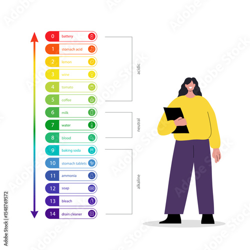 PH Scale. Chart of values and balance level of ph. Infographic on acid-base measurement. Vector illustration in flat style.
