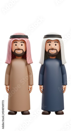 Two Smiling 3D Cartoon Arab Men in Traditional Attire, White Background