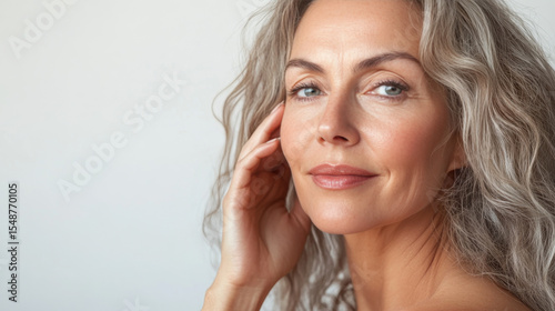 Mature woman in her 50s poses against a white background, promoting skincare for dry or aging skin and aesthetic treatments. 