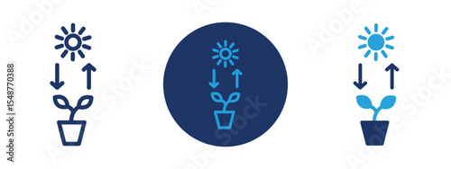 Set of colored pixel perfect Photosynthesis icon, 1 silhouette, 1 unexpanded, Sun, leaf, and arrow icon to symbolize plant photosynthesis.