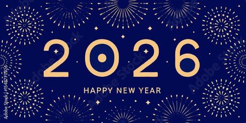 Elegant 2026 Happy New Year Celebration with Fireworks and Stars on Blue