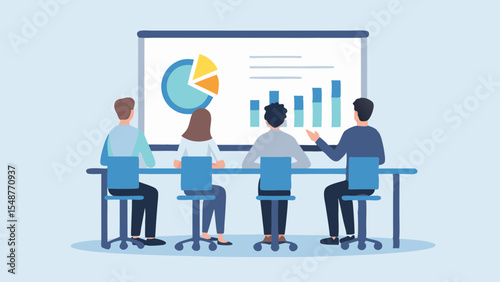 Business Meeting Presentation with Pie Chart and Bar Graph Illustration