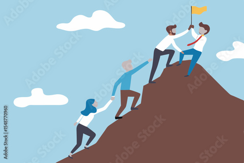 Teamwork and leadership concept illustration people climbing to the top of the mountain