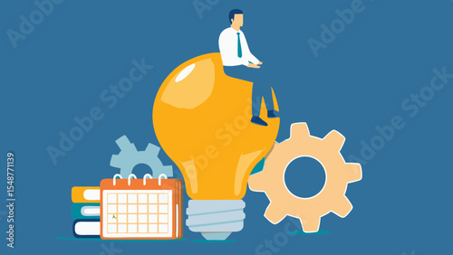 Businessman Sitting on a Broken Lightbulb with Gears and Calendar