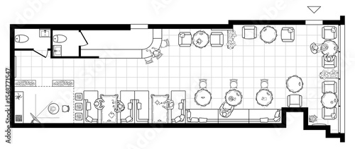 Cafe plan in top view. Floor plan of small restaurant. Arrangement of furniture in the catering interior. Bar design project