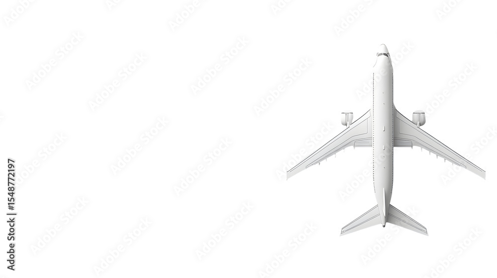 Fototapeta premium Minimalistic aerial view of a sleek white airplane against a stark black background