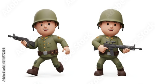 Playful Cartoon Soldiers with Rifles: 3D Rendered Military Characters on White