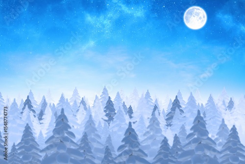 Dense snow-covered pine trees are stretching under full moon and starry sky in flat design forest