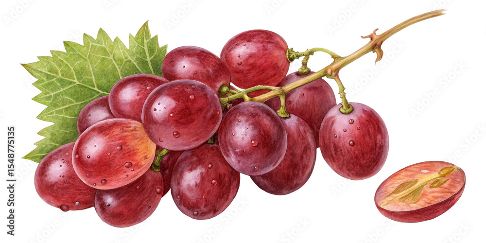 Obraz premium Red Grapes Watercolor Illustration Bunch with Leaf, Isolated on Transparent Background, fruit, watercolor, food, grapes, illustration, clipart