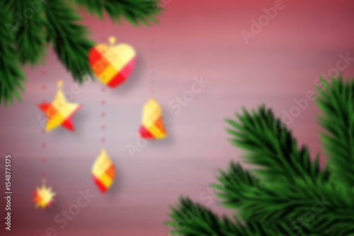 Blurred fir tree branches on wood