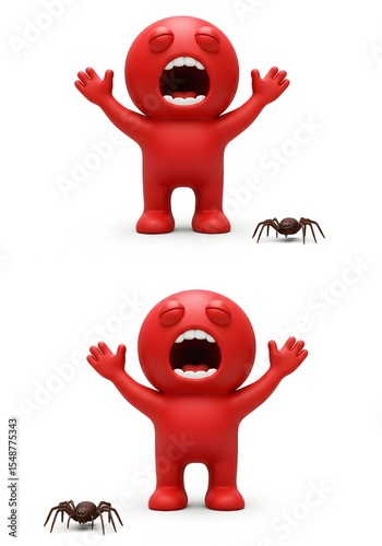 Terrified Red Figure Screaming at Spiders: Fear, Phobia, and Panic Concept.
