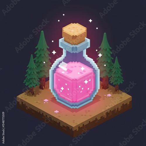 Isometric Pixel Art Potion Bottle in Forest with Sparkling Magic
