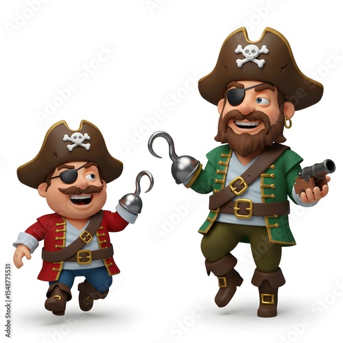 Playful Pirate Duo: Cartoonish Buccaneers with Hook, Eye Patch, and Cannon.