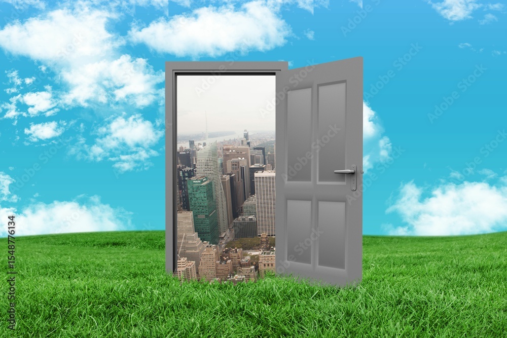 Naklejka premium Door and cityscape on grassy landscape against sky