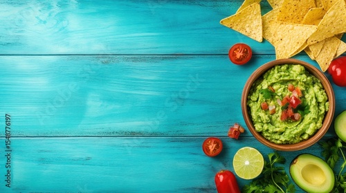 Guacamole with tortilla chips on turquoise wooden table