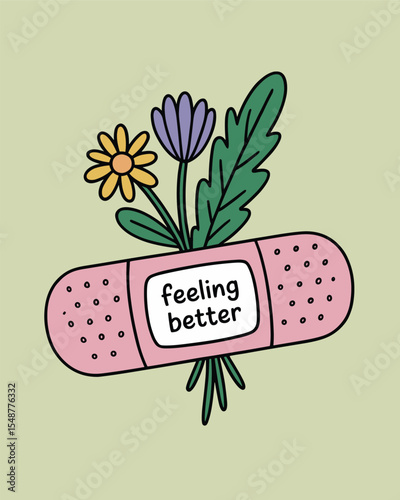 Feeling Better Bandage with Flowers – Healing and Wellness Illustration on Green Background