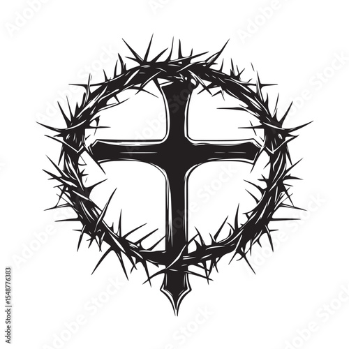 Symbolic Wooden Cross with Crown of Thorns Representing Sacrifice and Redemption Vector Art