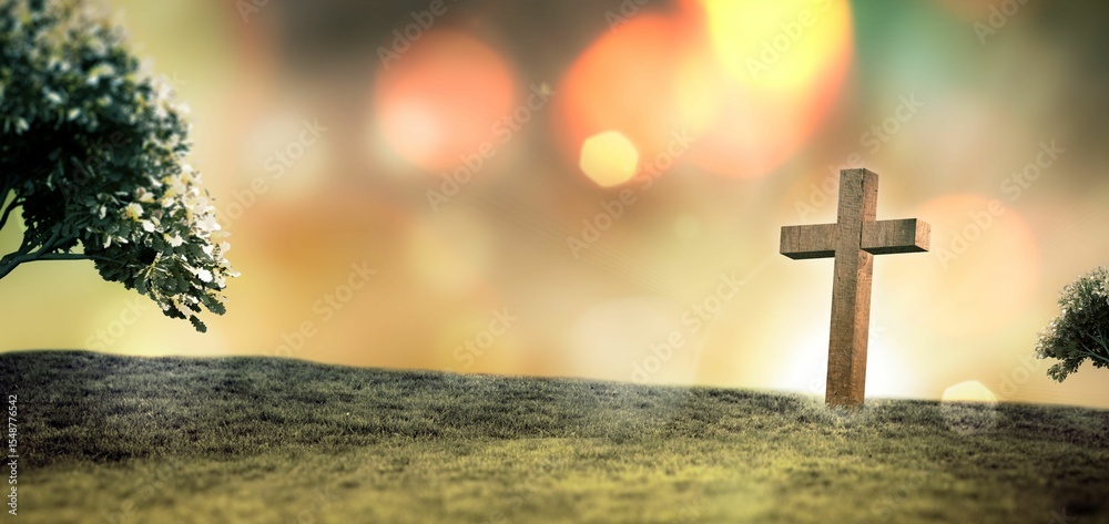 Obraz premium Flat design is depicting wooden cross standing on grassy hill under golden sky with bokeh orbs