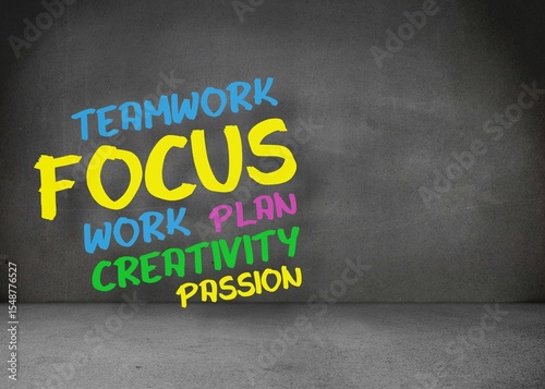 Colorful painted motivational words are appearing on bare grey concrete wall in flat design