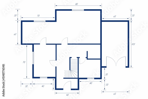 floor plan is showing flat design with blue walls door arcs, staircase, dimensions copy space