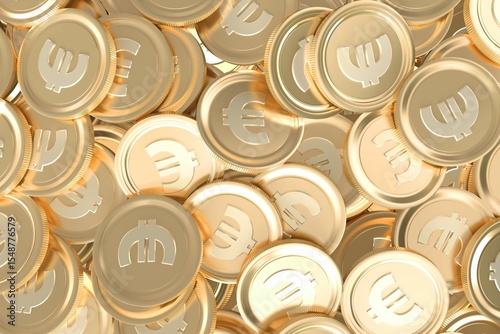 Pile of gold euro coins is shimmering with embossed symbols in 3D metallic render, copy space