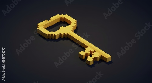 Pixelated Golden Key on Dark Background: Digital Access Concept, 3D Render.