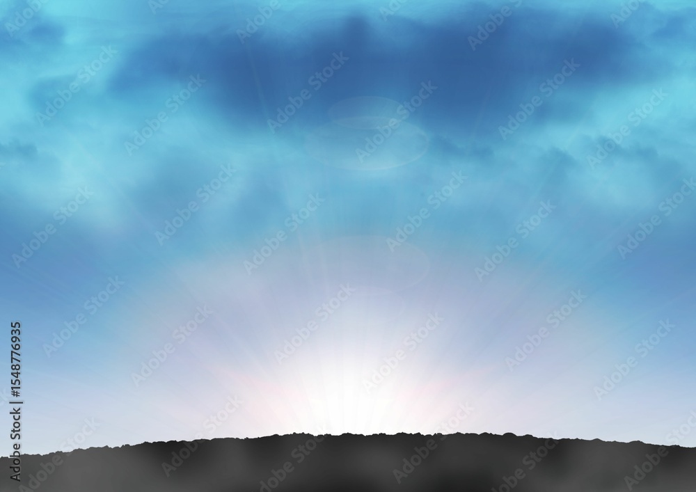 Fototapeta premium Sunrise rays are emerging behind low rocky ridge silhouette with scattered clouds in flat design