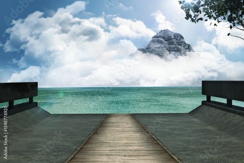 Flat design boardwalk extending along pier, featuring turquoise sea, rocky peak overhanging leaves