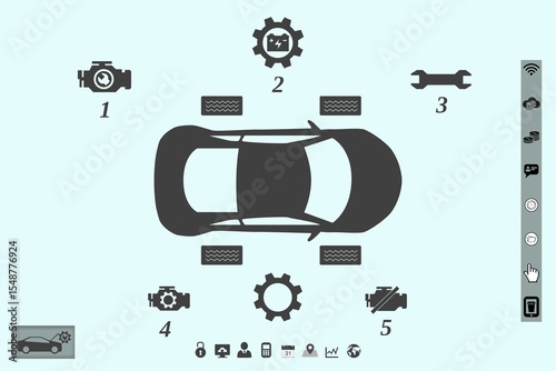 Flat design is showing top-down car with diagnostic icons and UI toolbars on light blue background
