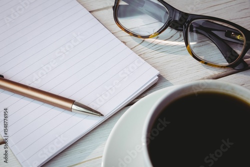 Notepad by reading glasses and coffee on table