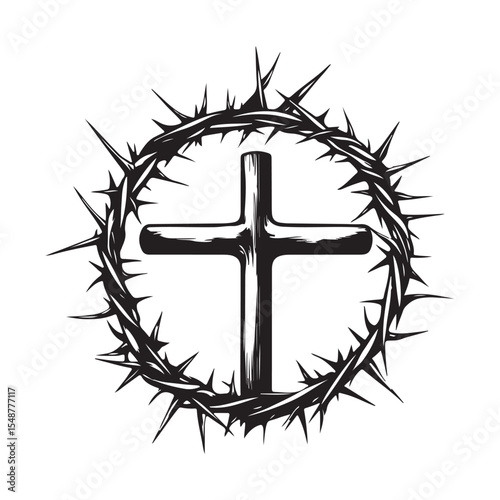 Symbolic Wooden Cross with Crown of Thorns Representing Sacrifice and Redemption Vector Art