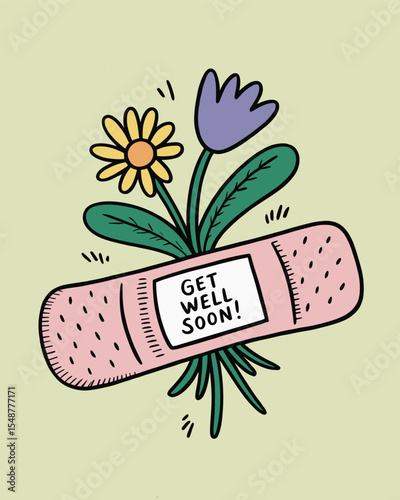 Feeling Better Bandage with Flowers – Healing and Wellness Illustration on Green Background