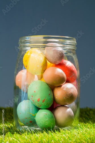 Easter eggs in glass jar on grassy field