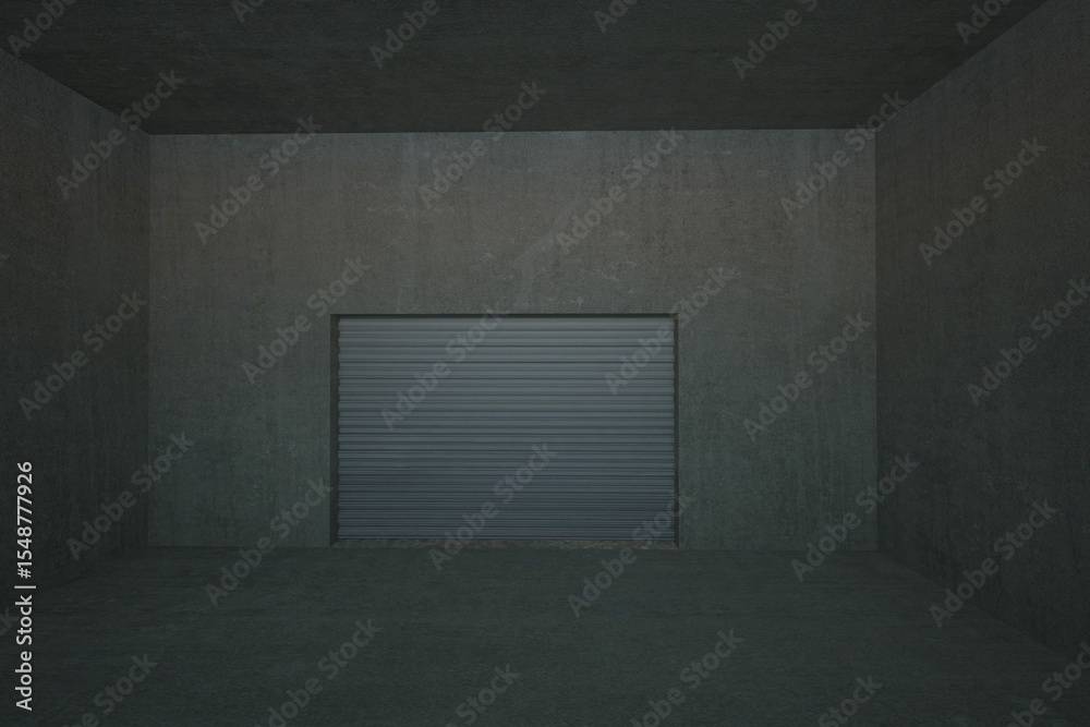 Obraz premium Closed corrugated roller shutter door is standing in concrete chamber with ambient light, 3D render