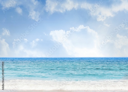 Flat design seascape is showing white sandy beach with turquoise waves under cumulus clouds