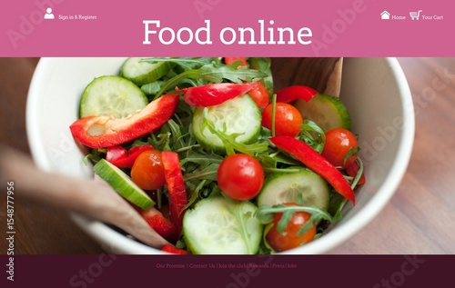 Showing close-up ceramic bowl with cucumber, tomato, pepper, arugula, hand, pink Food online header