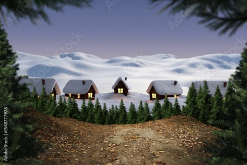 Digitally generated Cute village in the snow